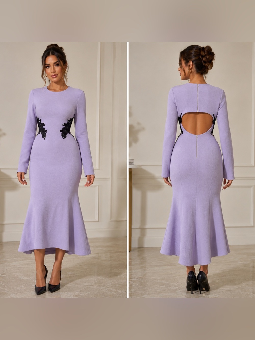 NWT‎ David Koma Lavender Open Back Black Appliqué Long Sleeve Midi Mermaid Dress